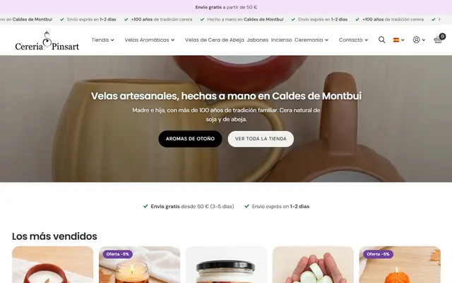 Portada de la botiga en línia de Cereria Pinsart amb espelmes artesanes, a l'ordinador i al mòbil