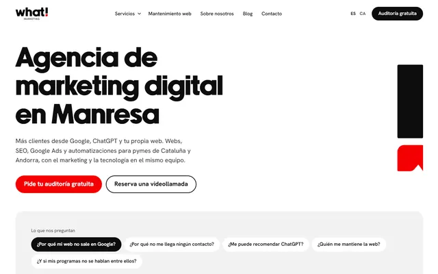 Portada de la web de What! Marketing, a l'ordinador i al mòbil